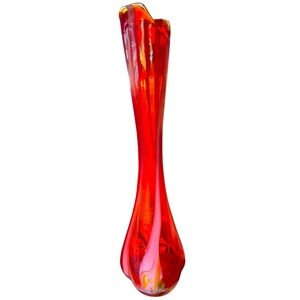 Vtg Art Glass Red White Swirl Swung Bulb Base Genuine Hand Blown 15” Flawless
